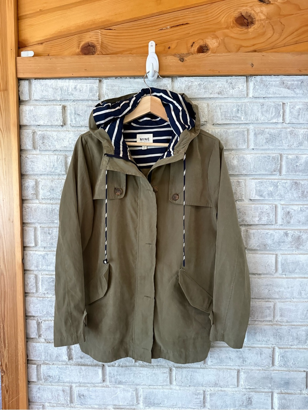 MINE Olive Utility Jacket with Navy & White Striped Hood